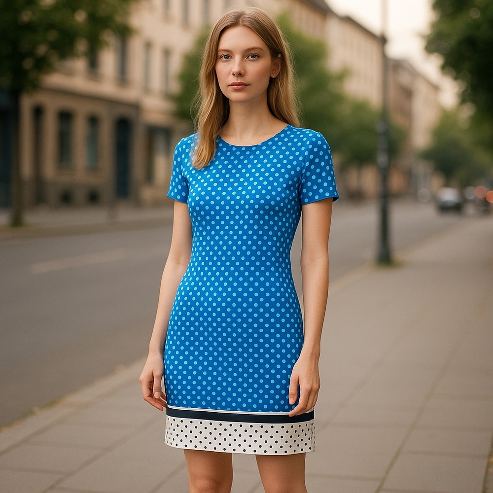 NWT Karl Lagerfeld Paris Polka-Dot Border-Print Short-Sleeve Shift Dress